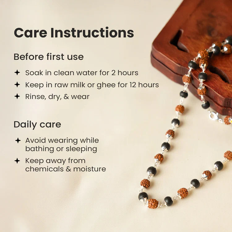 Care instructions for the Rudraksha and Karungali mala: soak in clean water before first use, keep away from water and chemicals during wear