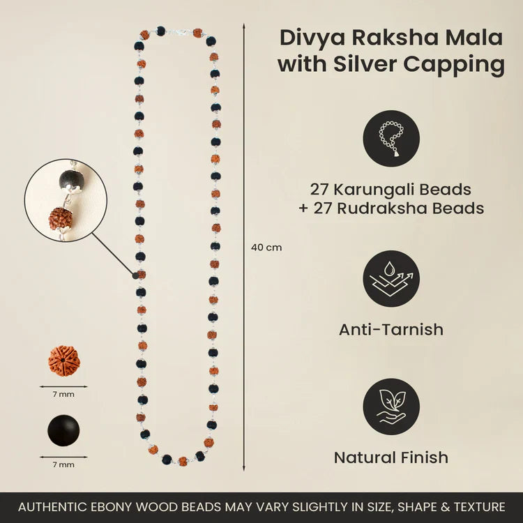 Divya Raksha Mala with Silver Capping specifications: 27 Karungali beads plus 27 Rudraksha beads, 7mm bead size, anti-tarnish silver-plated alloy capping, natural finish, 40cm length