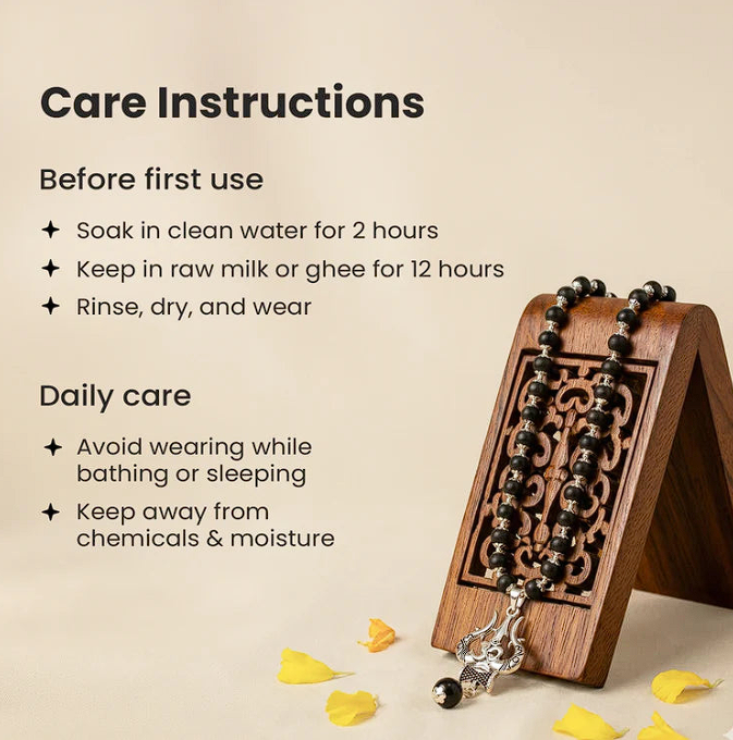 Care instructions for the Karungali mala: soak in clean water before first use, keep away from water and chemicals during wear