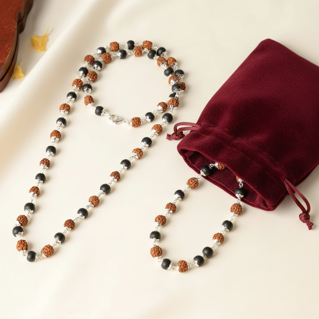 Rudraksha & Karungali Mala with Silver Capping