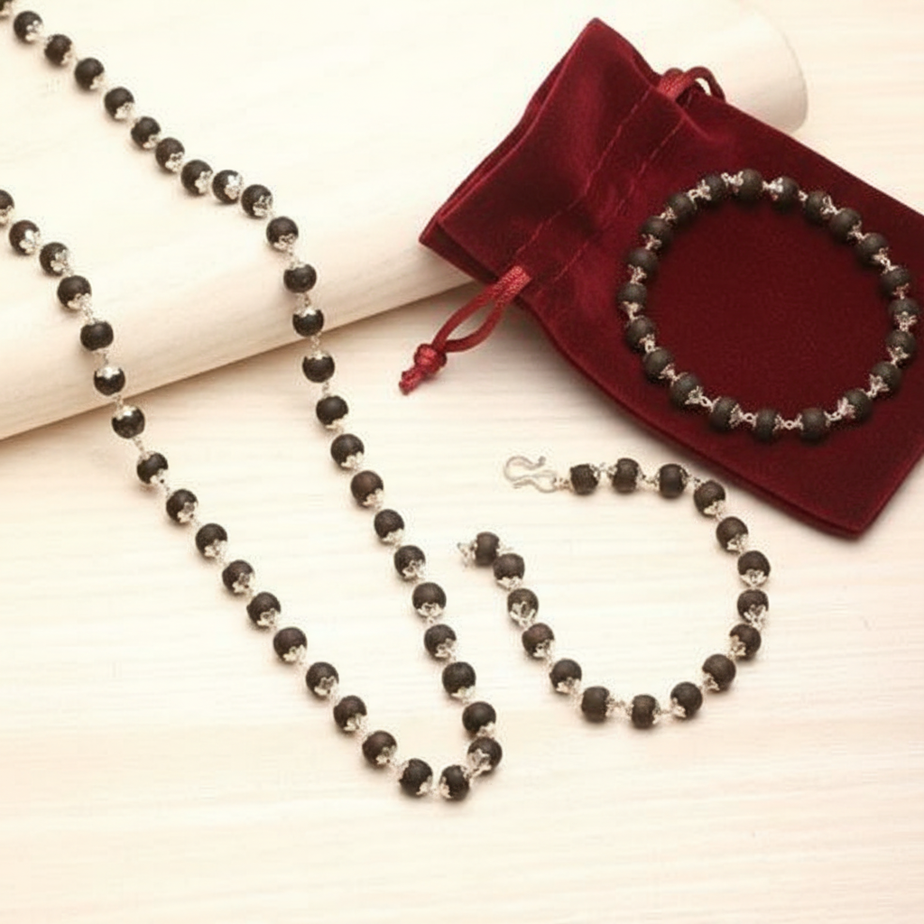 Silver Plated Karungali Mala + Karungali Bracelet Combo