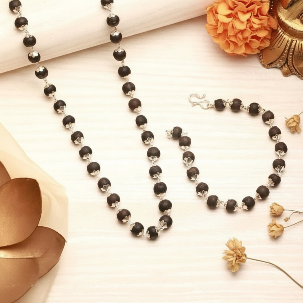 Silver Plated Karungali Mala + Karungali Bracelet Combo