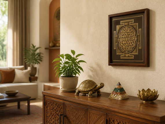 Warm Indian home interior with Vastu-inspired decorative tortoise, gemstone pyramid, wall art, and plants